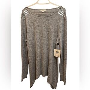 89th + Madison Crystals Accent Long Sleeve Soft Knit Asymmetrical Hem Top Size L